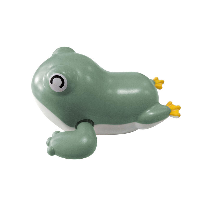 Brinquedo de sapo verde com barriga branca e patas amarelas