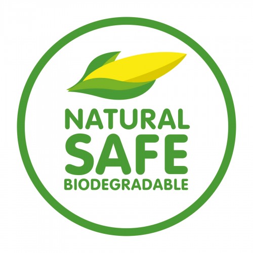 Logótipo circular verde com folha e texto NATURAL SAFE BIODEGRADABLE