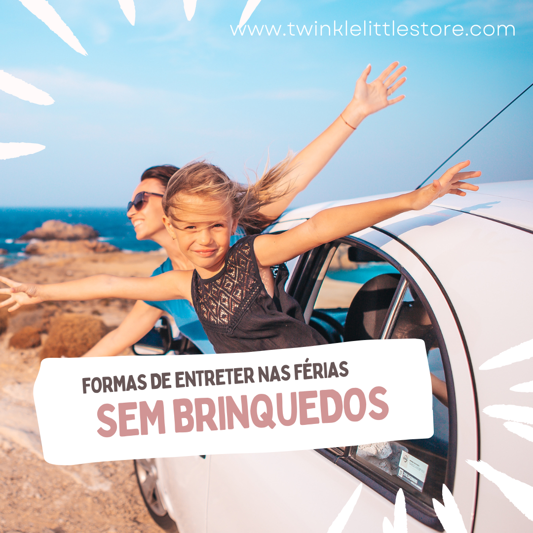 Criança e adulto numa viatura branca junto ao mar com texto promocional