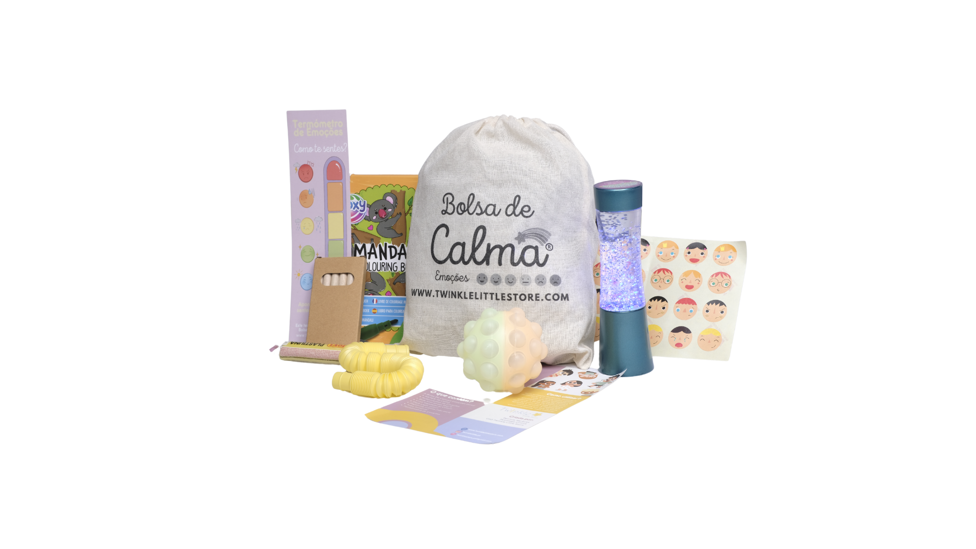 Conjunto de brinquedos sensoriais e bolsa de tecido com a inscrição 'Bolsa de Calma'