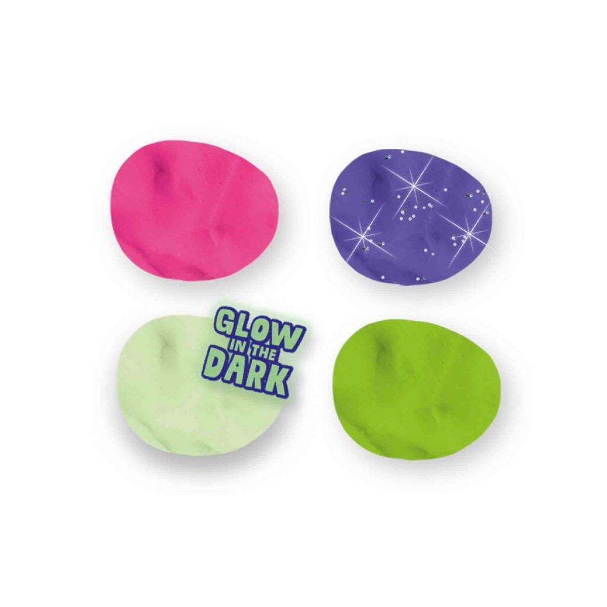Quatro pedras de modelar coloridas, incluindo uma com padrão brilhante e texto 'GLOW IN THE DARK'