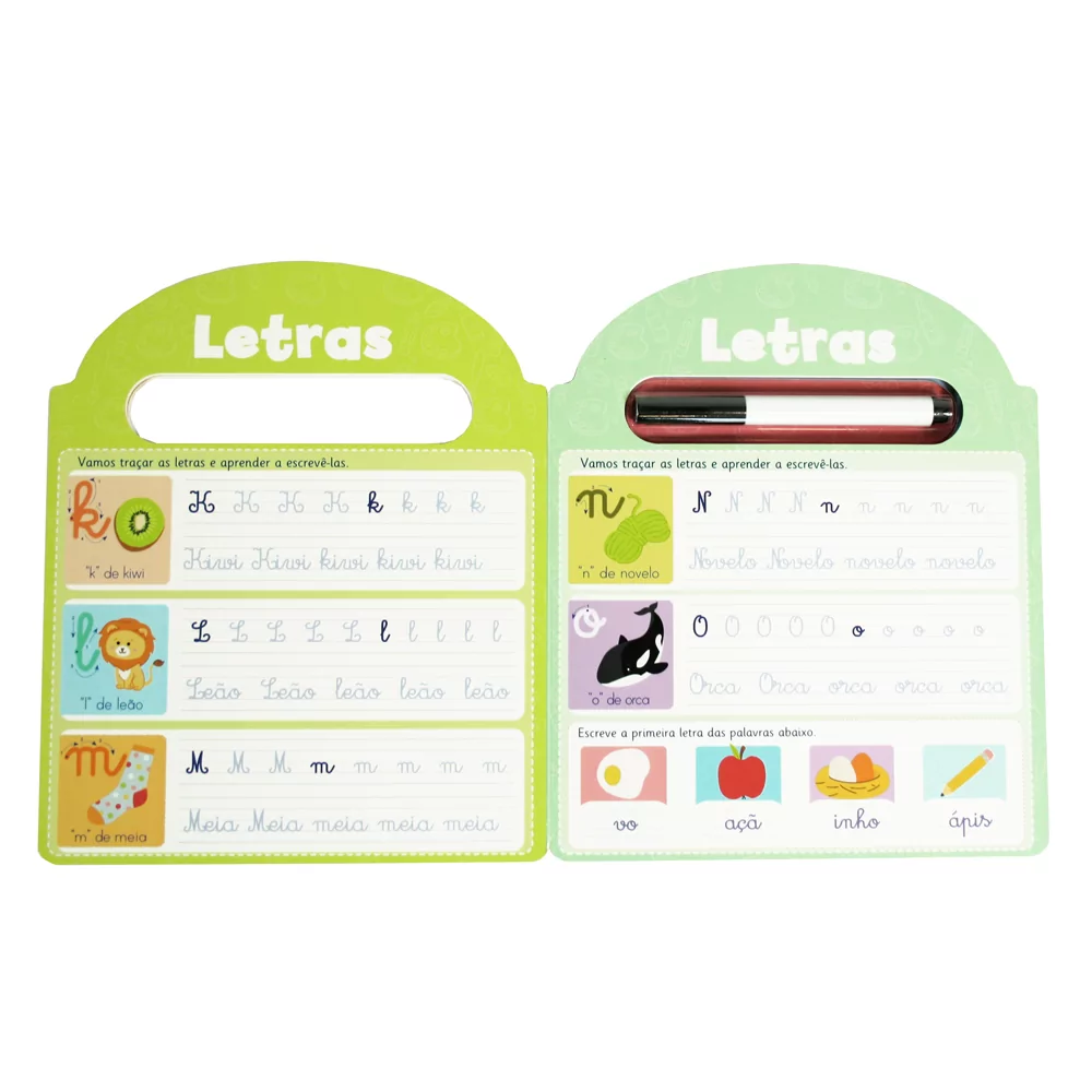 Cartão educativo de aprendizagem de letras com texto e ilustrações coloridas