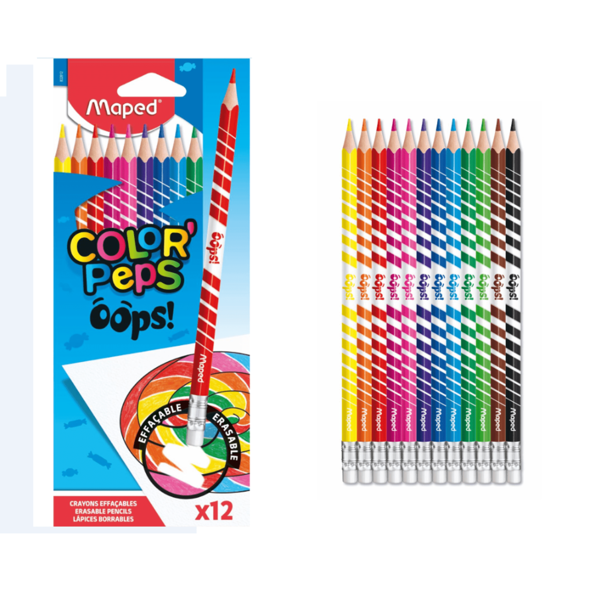 Conjunto de 12 lápis de cor Maped Color Peps oops com corpo xadrez e borracha