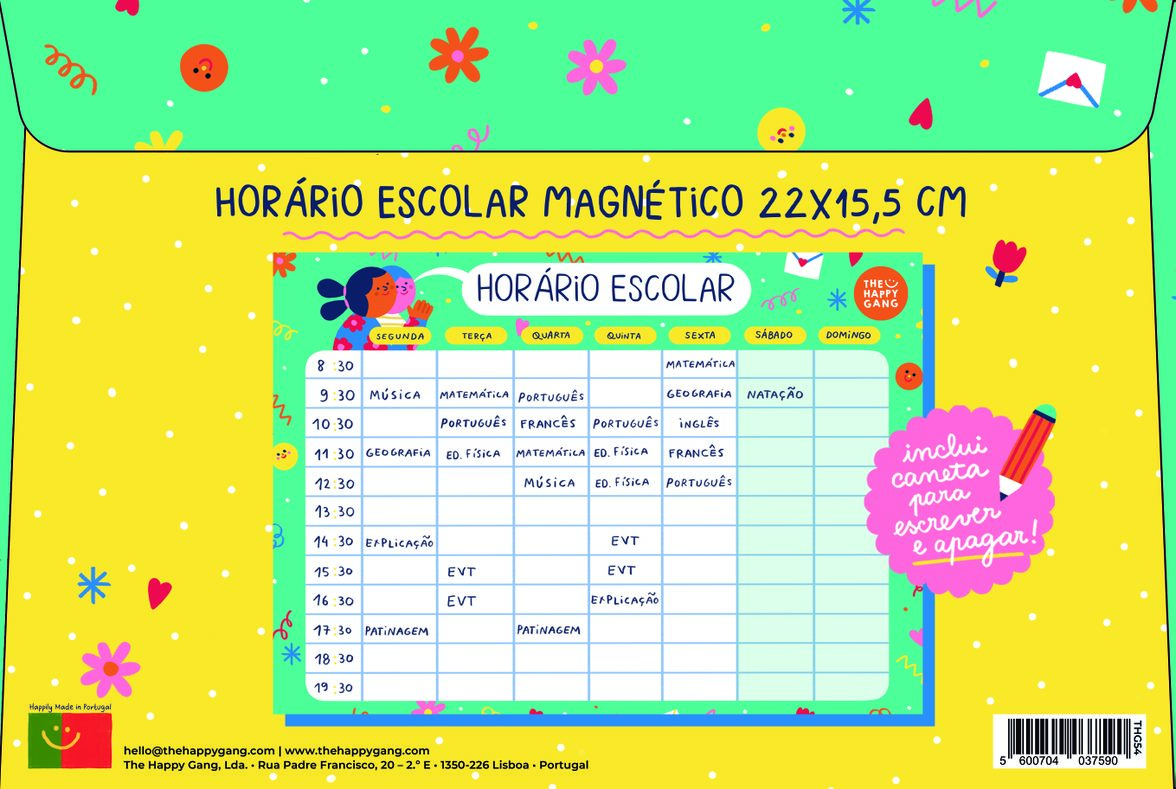 Horário escolar magnético colorido com tabela semanal e canetas para escrever/apagar