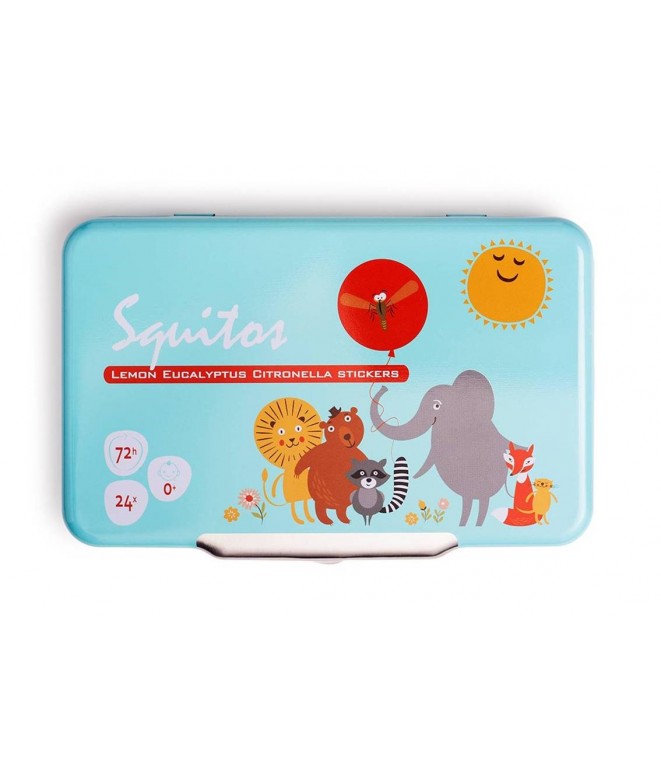Caixa azul clara com ilustrações de animais, balão e sol, texto 'Squitos' e outros detalhes em vermelho e branco.