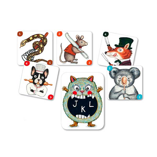 Seis cartas ilustradas com animais fantásticos numerados em fundo branco