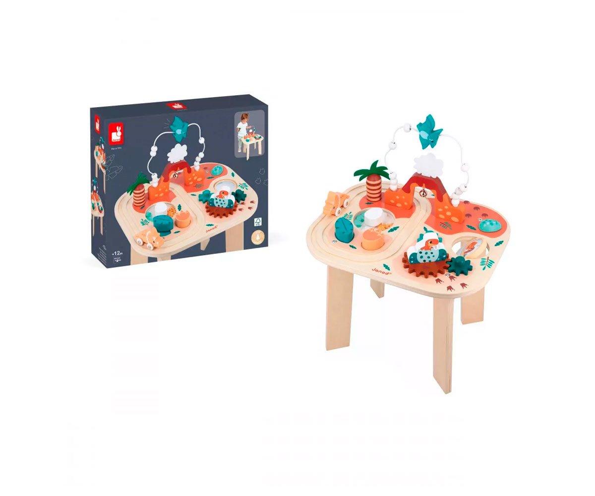 Jogo de mesa infantil de madeira com esferas coloridas e labirintos ao lado da embalagem