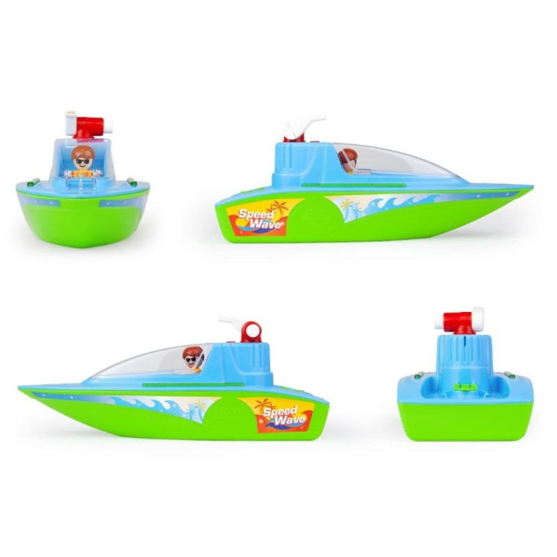 Barco de brinquedo azul e verde com personagem e texto Speed Wave