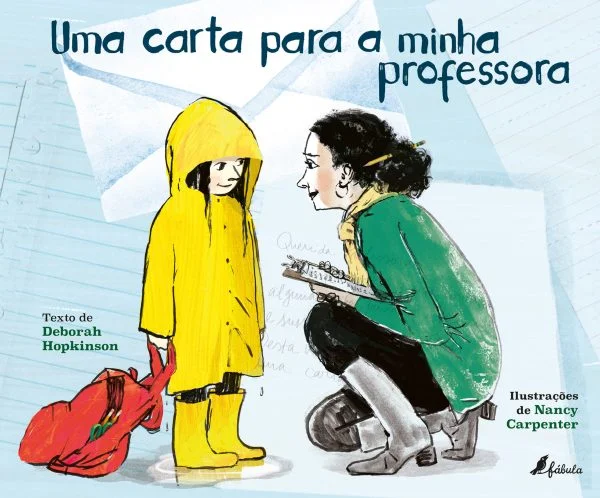Capa de livro com ilustração de professora e criança em roupa impermeável amarela