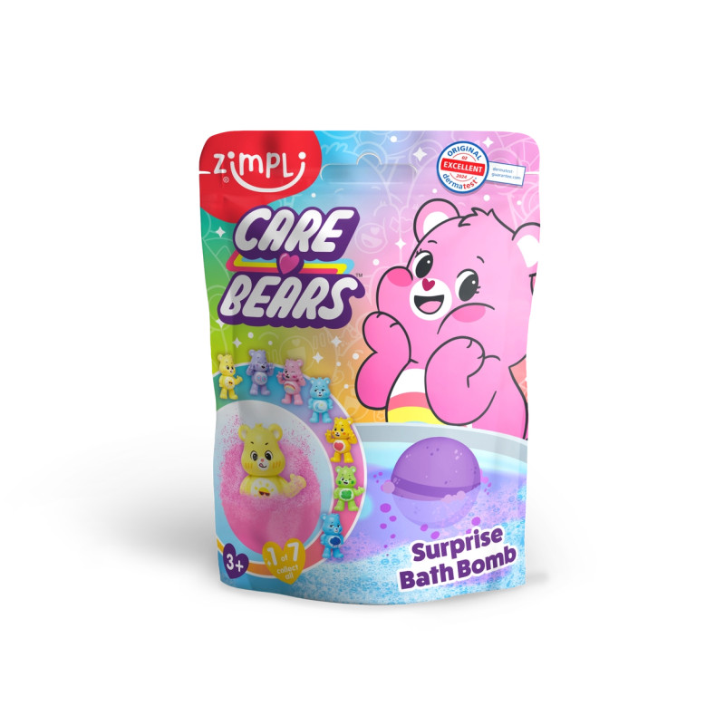 Embalagem Care Bears bomba de banho surpresa com ursinho cor-de-rosa e fundo colorido.