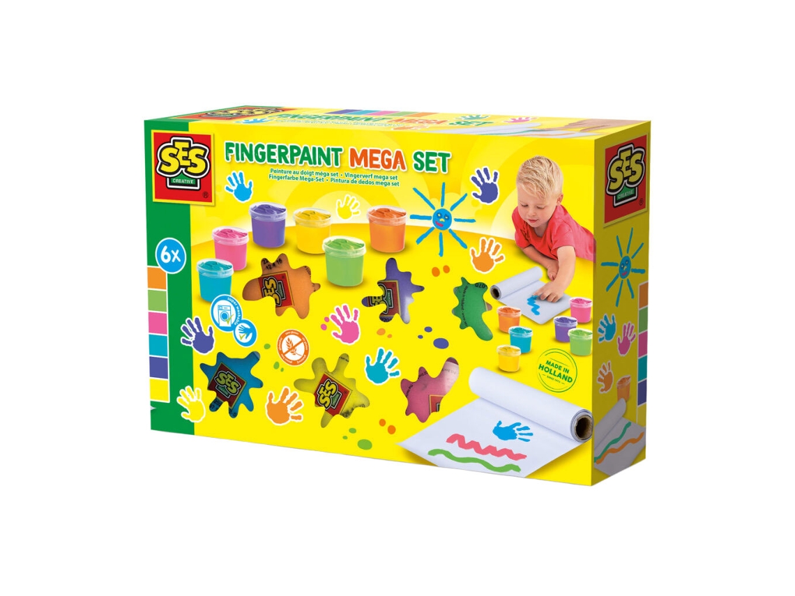 Conjunto de tintas para pintura de dedos SES Fingerpaint Mega Set em embalagem amarela com criança a pintar