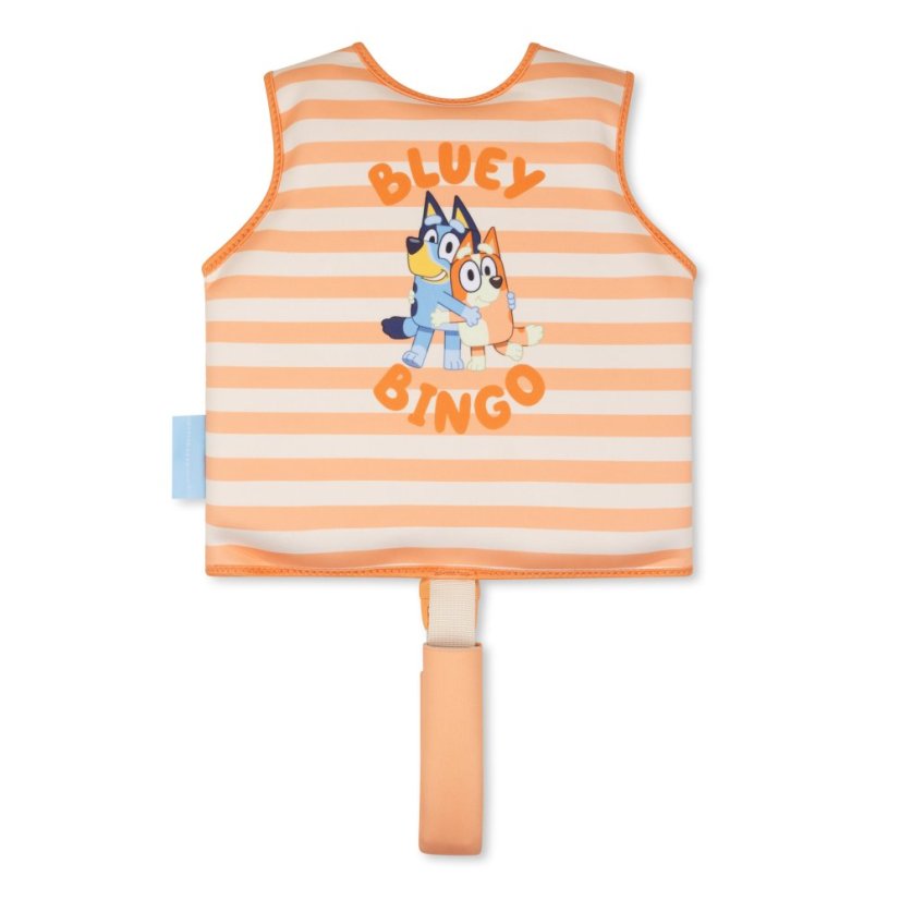 Colete salva-vidas infantil riscas laranja e branco com personagens Bluey e Bingo