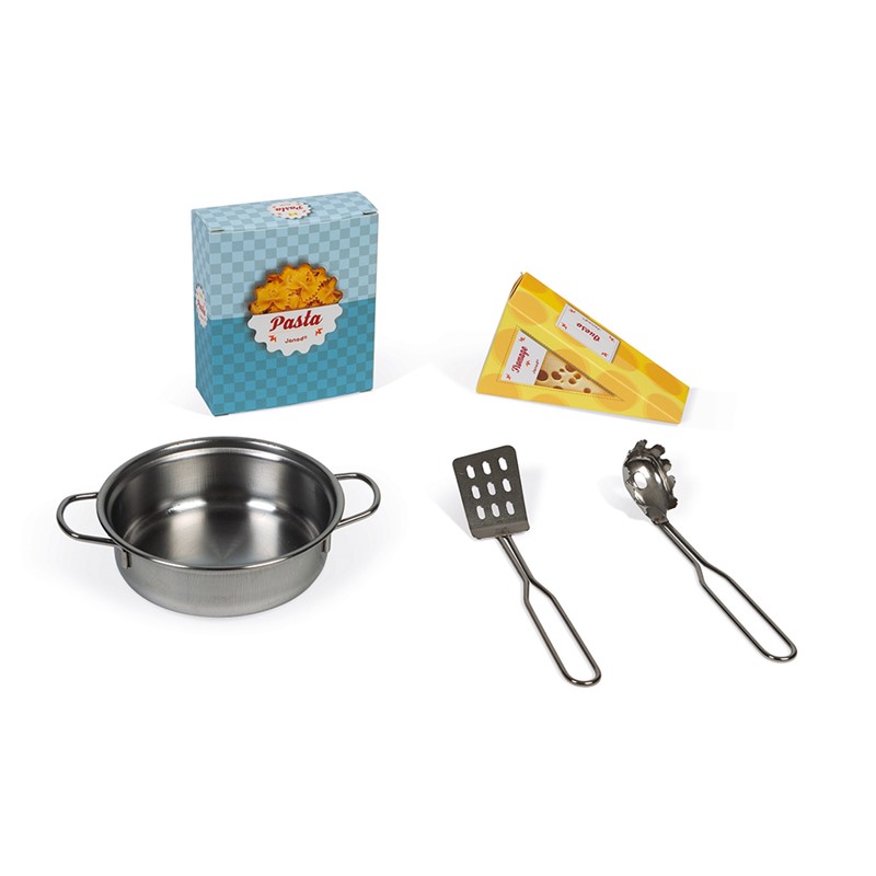 Conjunto de utensílios de cozinha infantil com panela e embalagens de alimentos miniatura