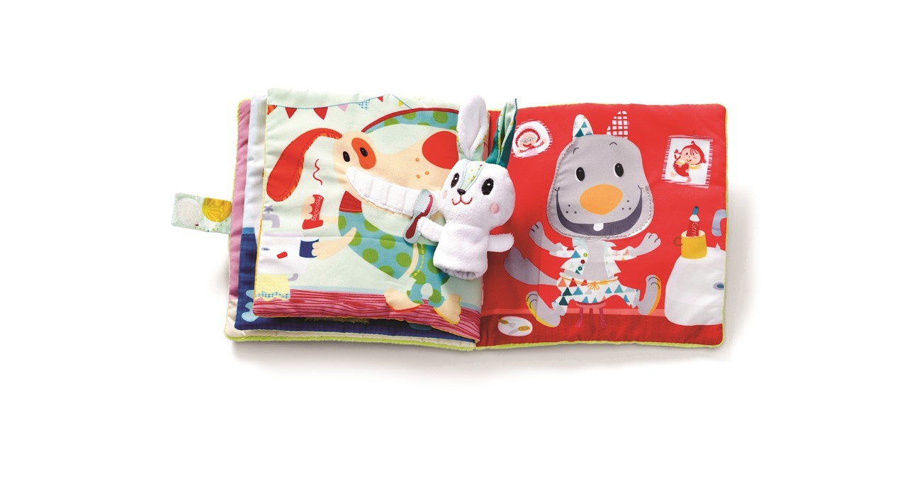 Livro macio de tecido para bebé com ilustrações coloridas e brinquedo de coelho