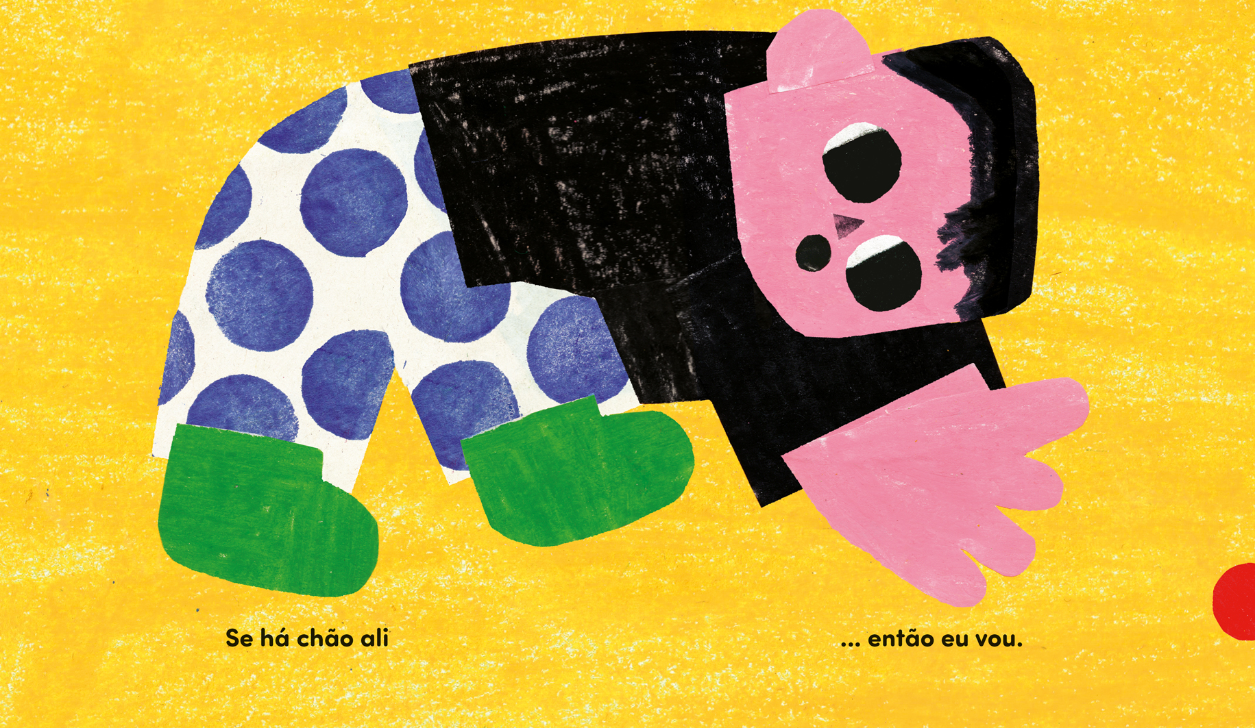 Ilustração colorida de personagem com calças de bolas azuis e sapatos verdes sobre fundo amarelo