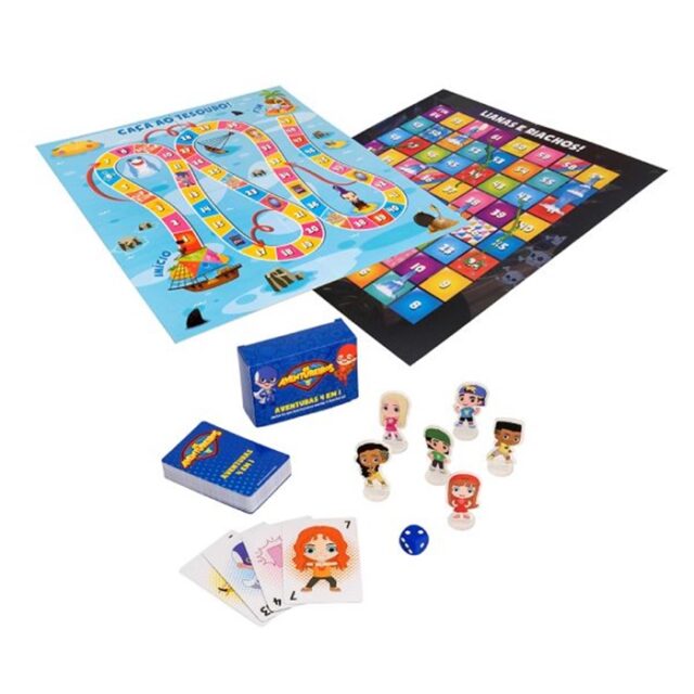 Jogo de tabuleiro com peças, cartas, dado e duas placas coloridas