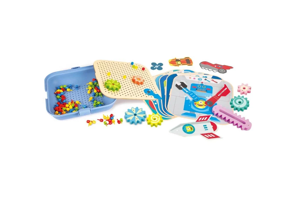 Conjunto de brinquedo de montagem com peças coloridas em caixa azul