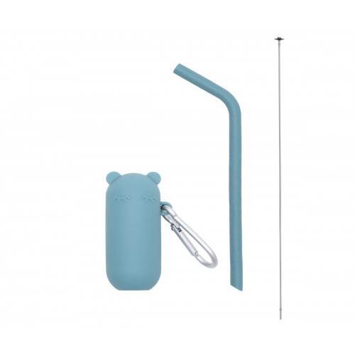 Estojo azul com forma de urso, palhinha azul e haste metálica fina para limpeza.