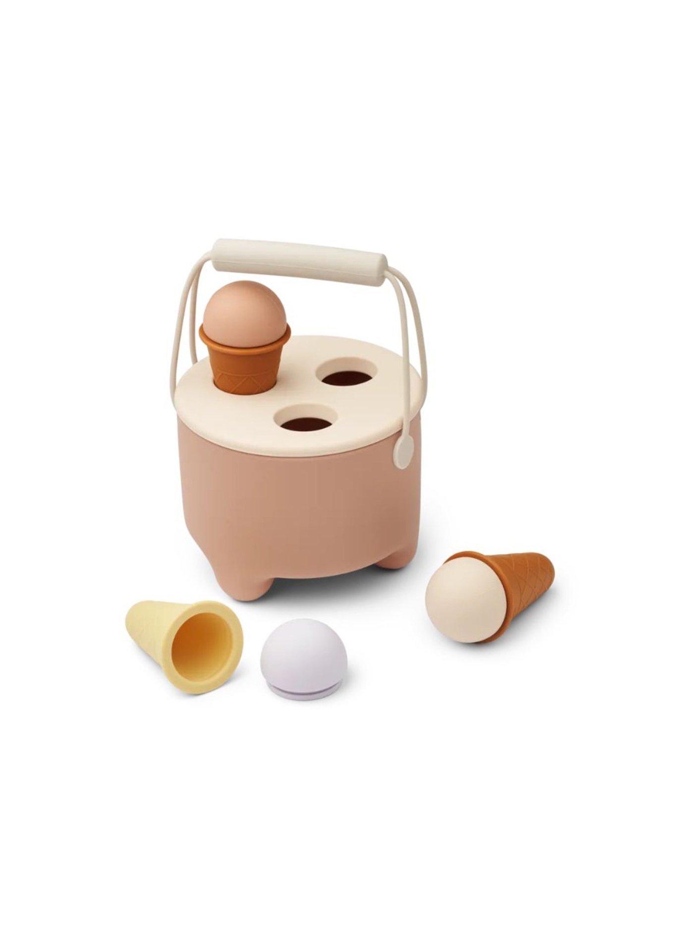 Brinquedo infantil de gelados em plástico com suporte e cones coloridos.