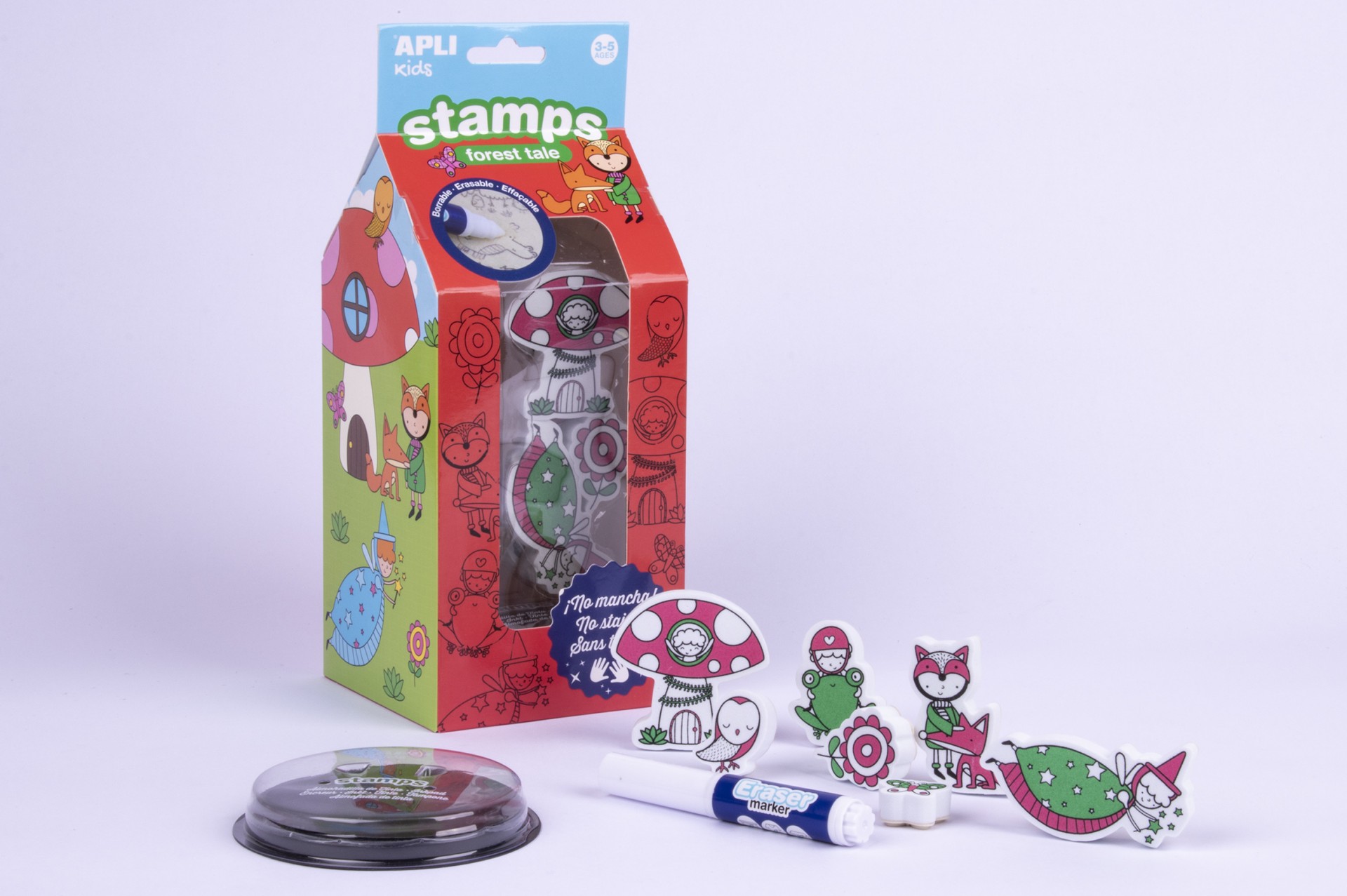 Conjunto de carimbos coloridos com desenhos de cogumelos e personagens em embalagem de cartão