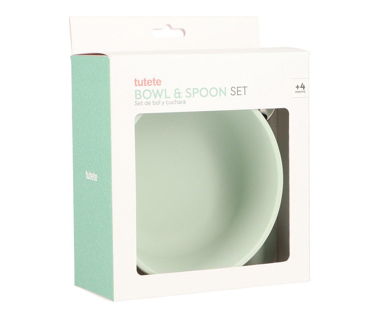 Conjunto de taça e colher verde claro em caixa branca e verde com texto