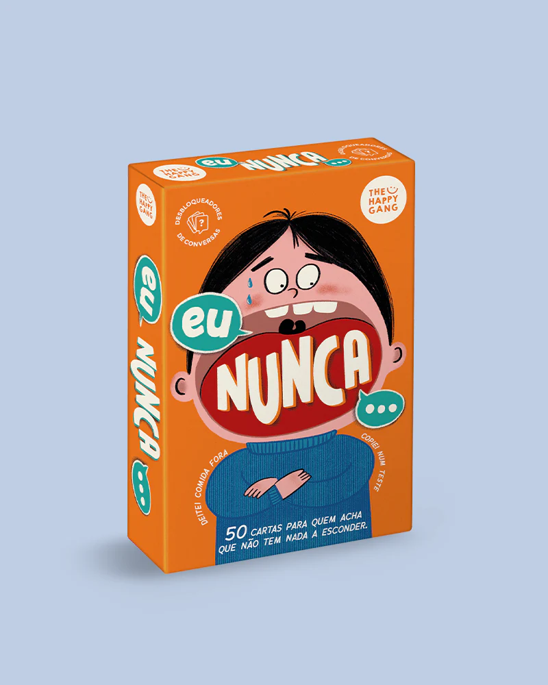 Caixa laranja de jogo de cartas 'eu NUNCA ...' com ilustração de criança e texto informativo.