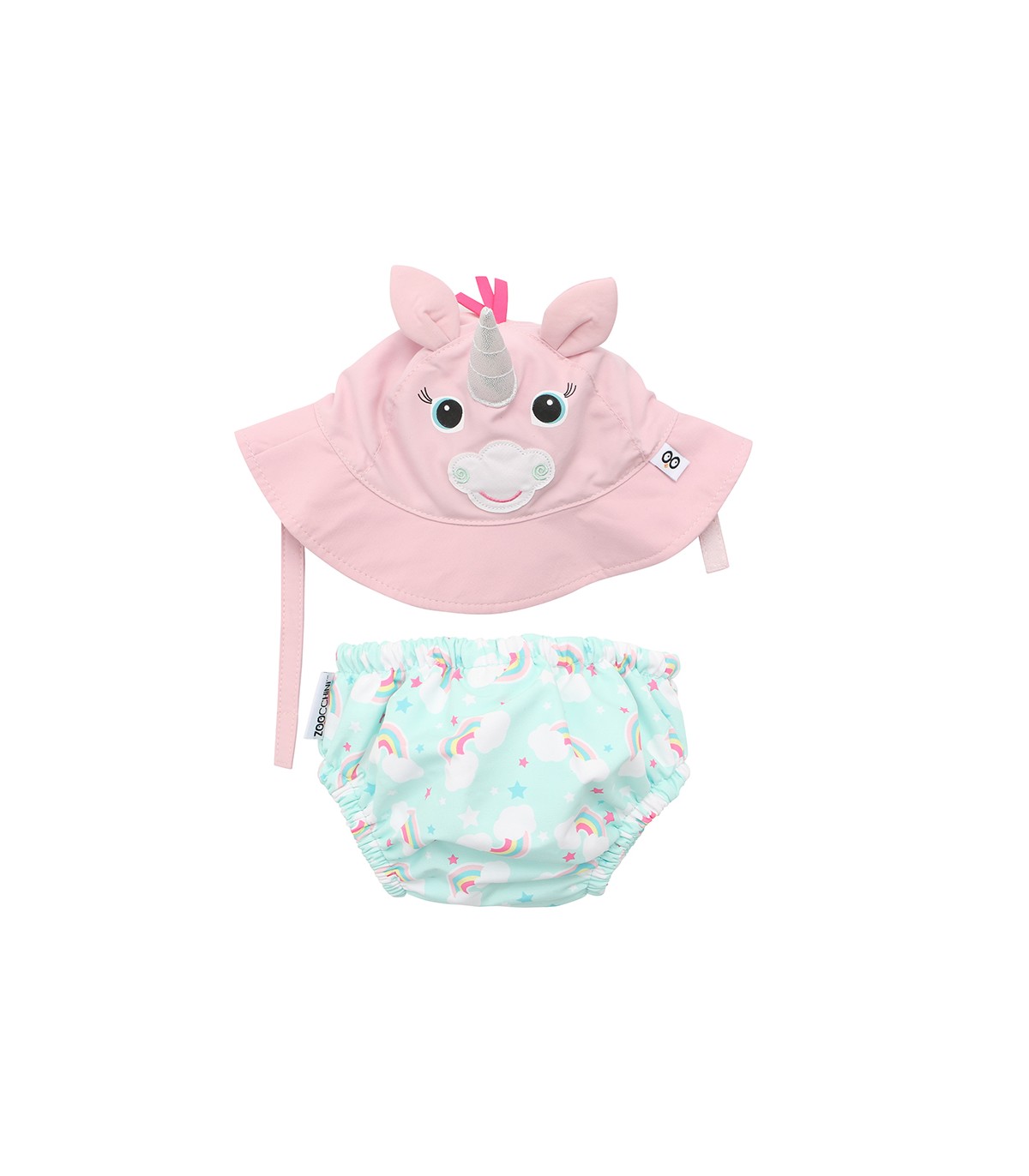Conjunto bebé com chapéu rosa de unicórnio e cueca azul clara com padrão de unicórnios