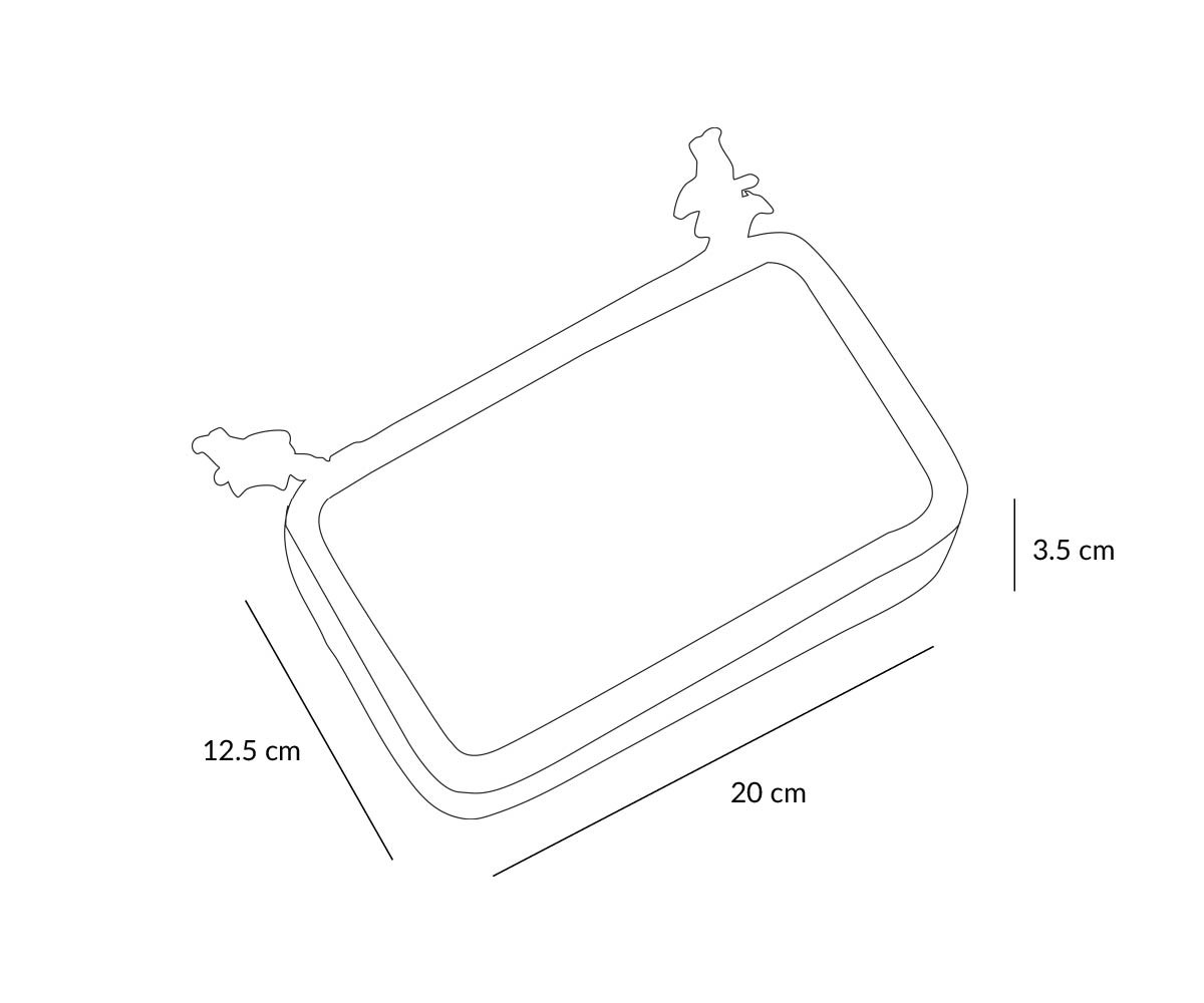 Embalagem plástica com objeto branco retangular e medidas indicadas