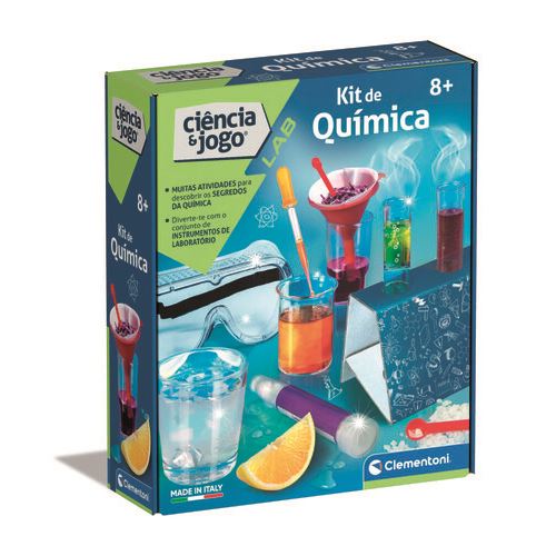 Kit de Química para crianças da marca Clementoni com ilustrações de materiais de laboratório e uma fatia de laranja.