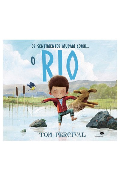 Capa do livro 'Os sentimentos mudam como... O RIO' com criança e cão brincando na água.