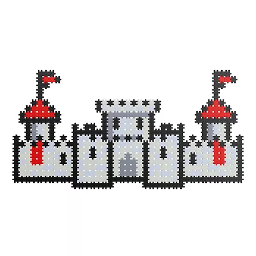 Castelo de peças plásticas encaixáveis com torres e bandeiras vermelhas e cinzentas