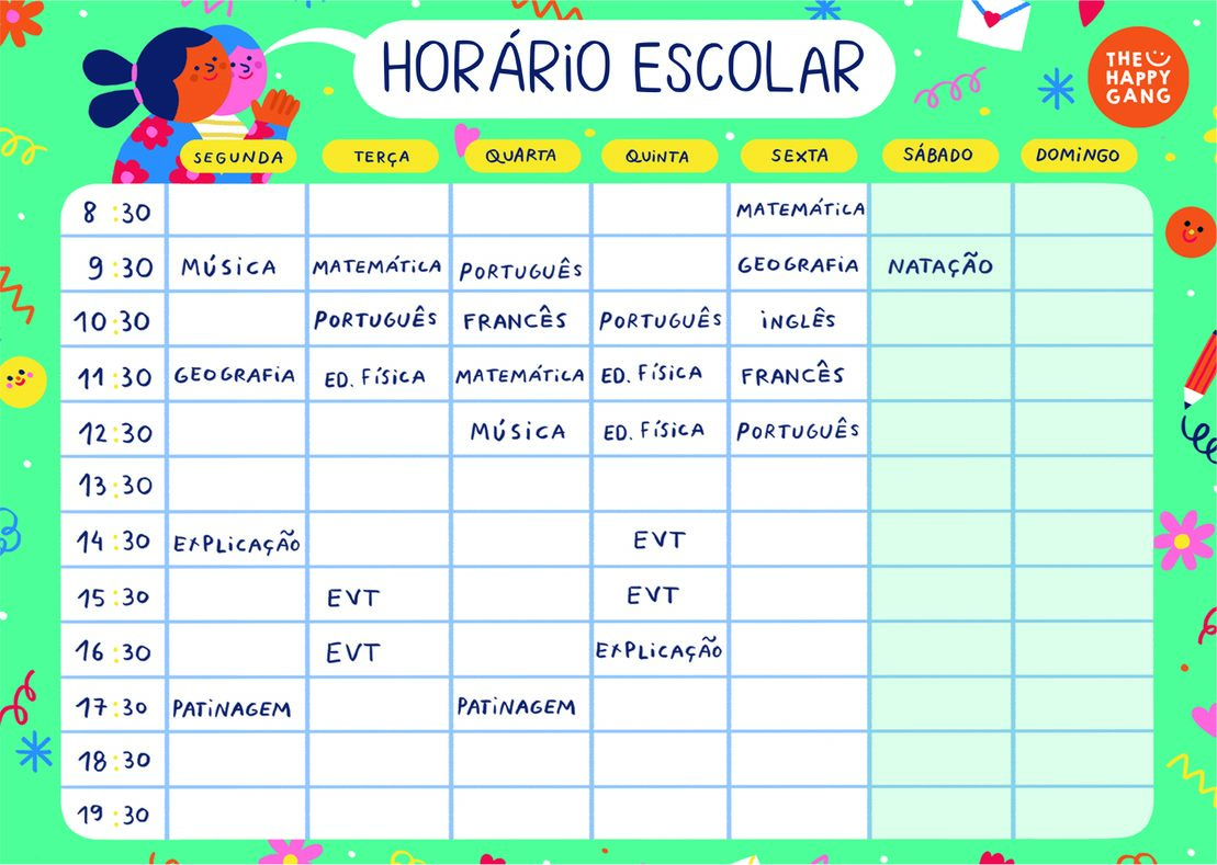 Horário escolar colorido com dias da semana e várias disciplinas listadas em diferentes horários