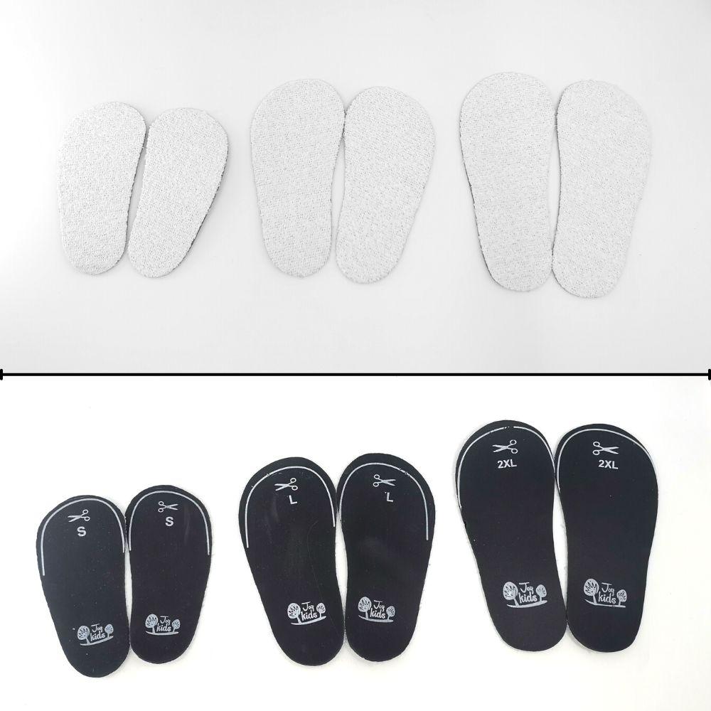 Palmilhas brancas com base preta em três tamanhos diferentes