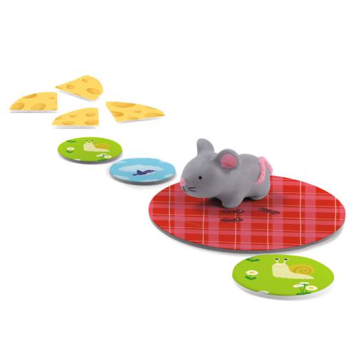 Jogo infantil com rato cinzento, círculos coloridos e queijos amarelos