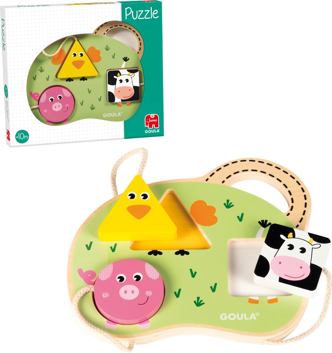 Puzzle de madeira de animais com galinha, porco e vaca, base verde e embalagem