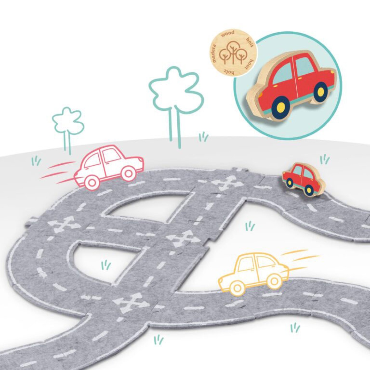 Tapete de estrada cinzento com carros de madeira vermelhos.