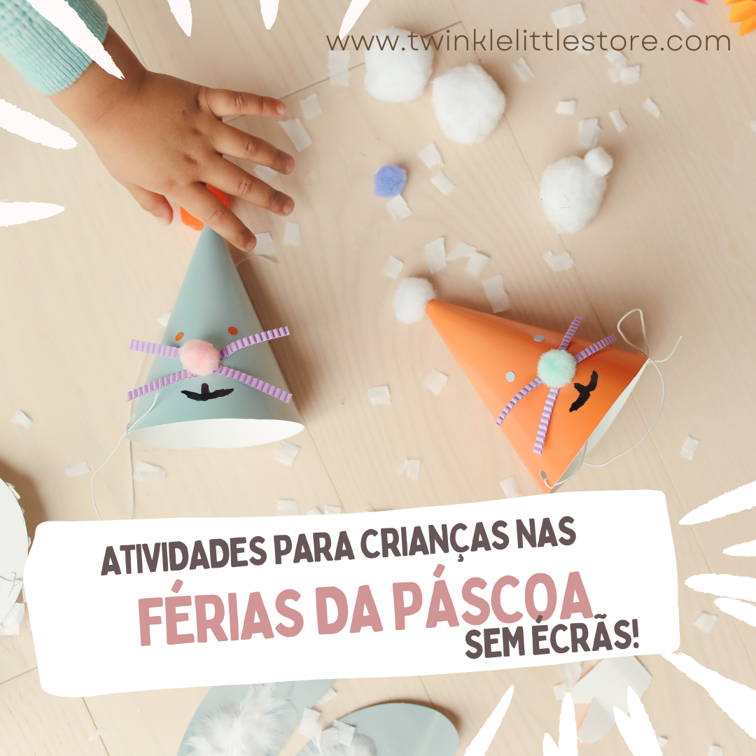Máscaras de festa coloridas em cone com decoração de bigode e nariz sobre mesa com mão de criança e pelotas de algodão.