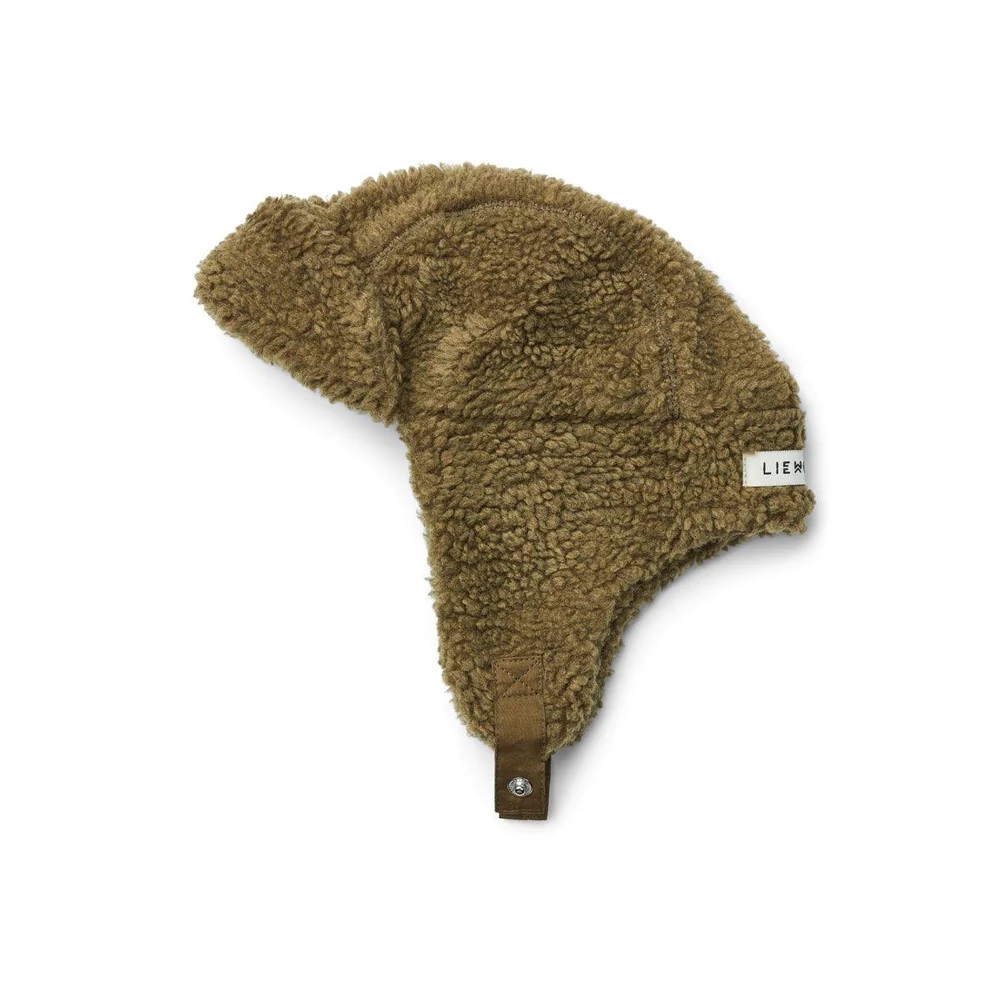 Touca felpuda castanha tipo trapézio com aba larga e etiqueta LIER