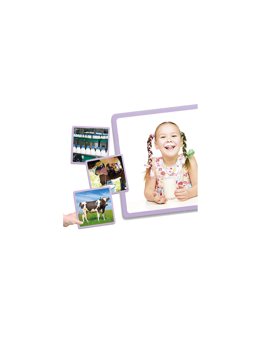 Cartazes com fotos de vacas, equipamentos de ordenha e criança a beber leite