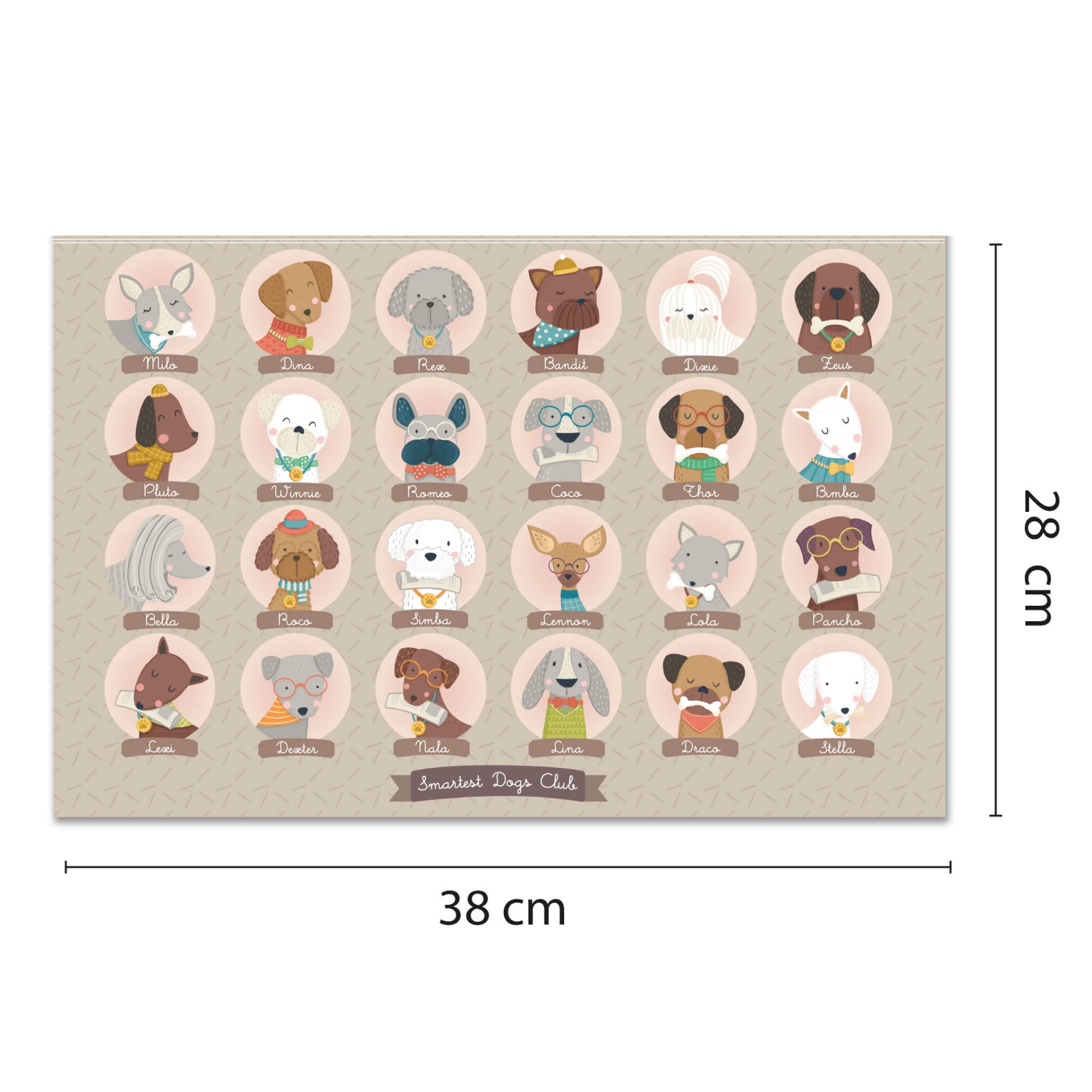 tapete cinza claro com ilustrações de 25 cães diferentes em círculos cor-de-rosa
