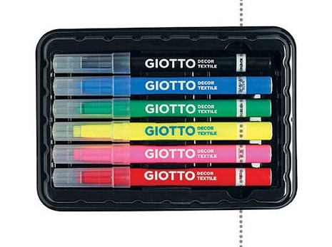 Conjunto de marcadores coloridos GIOTTO DECOR TEXTILE em caixa plástica preta.