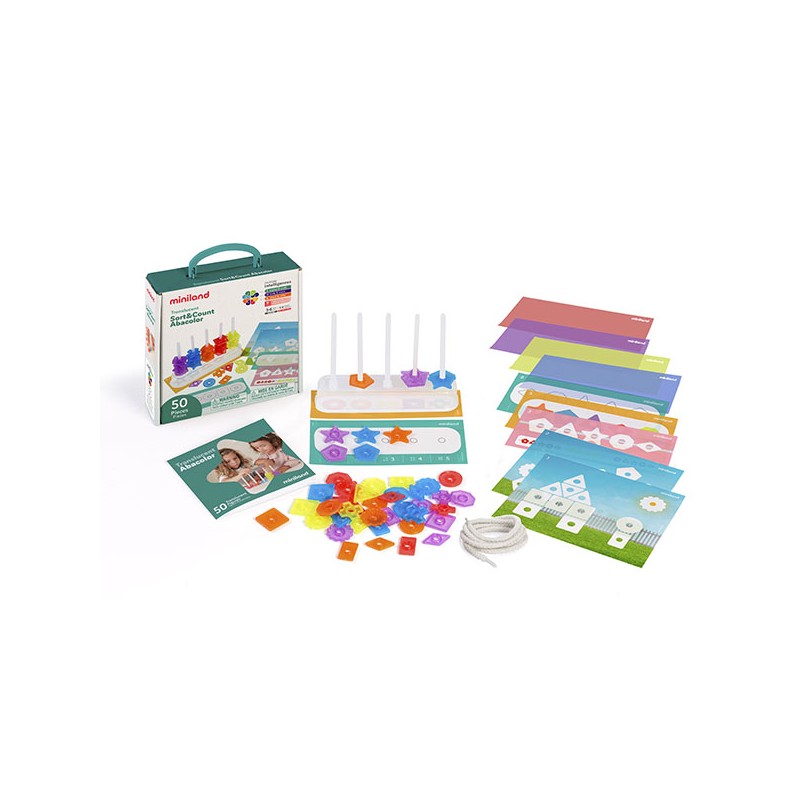 Conjunto educativo com peças coloridas, base de madeira, cartas ilustradas e embalagem com alça azul.