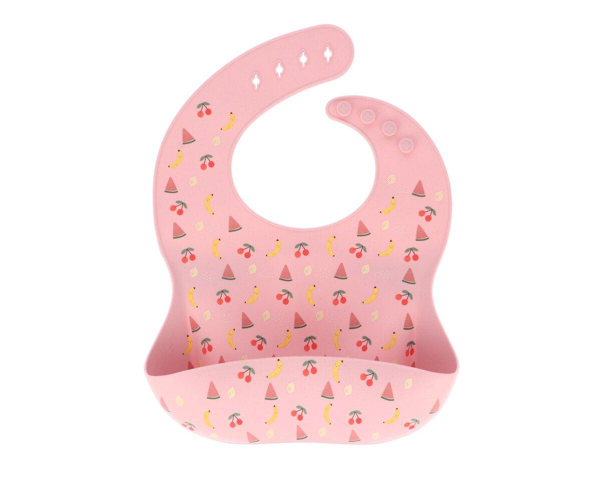 Babete de silicone rosa com padrão de frutas coloridas e fecho ajustável.
