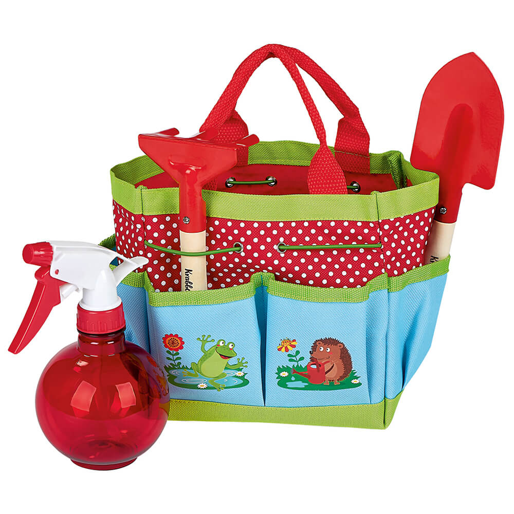 conjunto de jardinagem infantil com saco colorido, regador e ferramentas