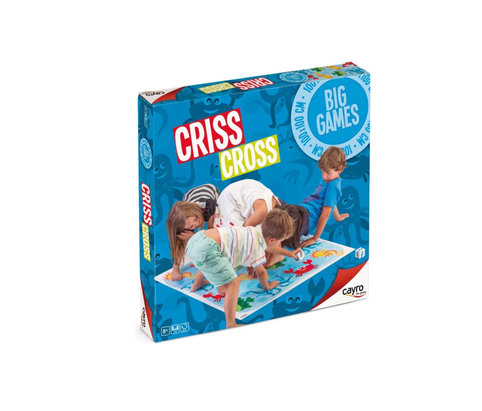 Caixa azul do jogo Criss Cross com crianças a jogar num tapete colorido