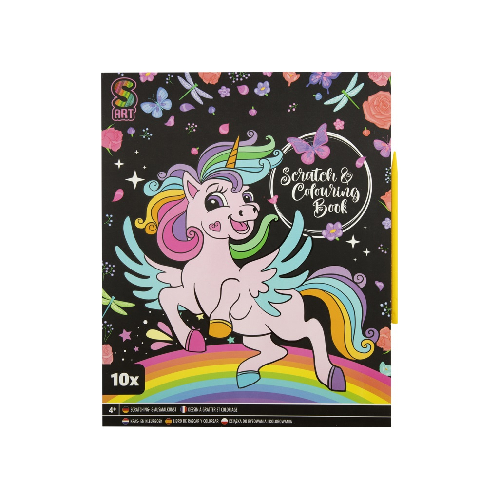 Capa de livro para riscar e colorir com unicórnio e arco-íris