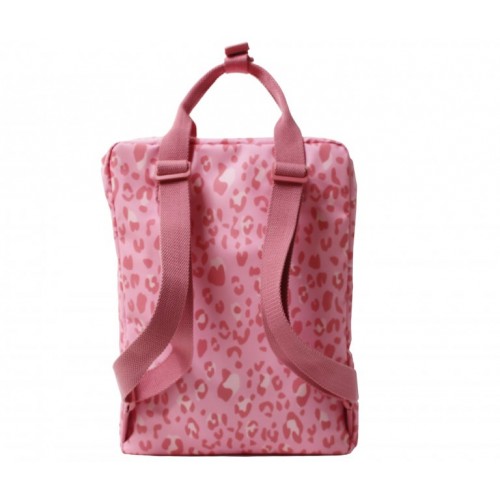 Mochila rosa com padrão de manchas e alças ajustáveis