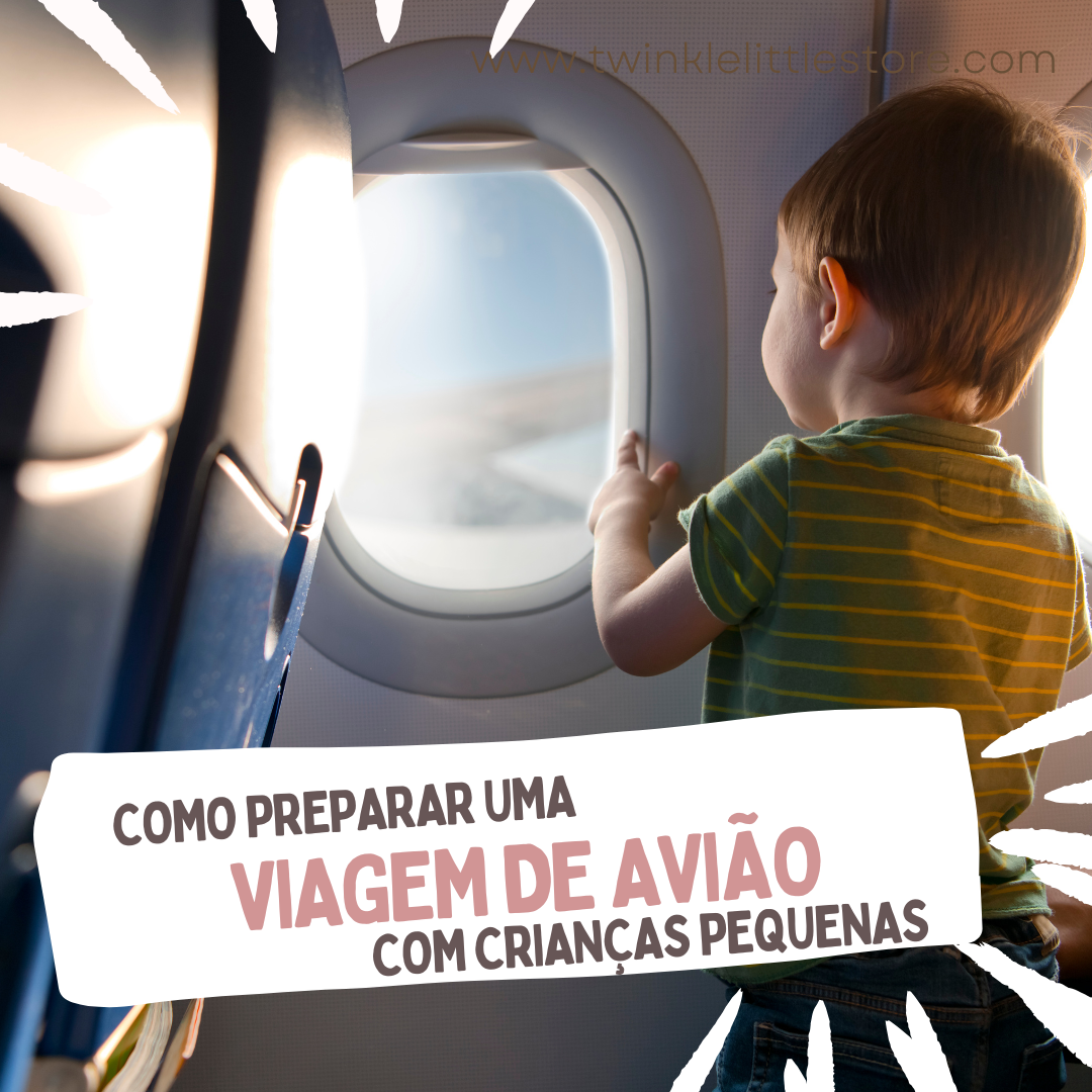 Como Preparar uma Viagem de Avião com Crianças Pequenas Criança olhando pela janela de avião com texto sobre viagem de avião com crianças pequenas