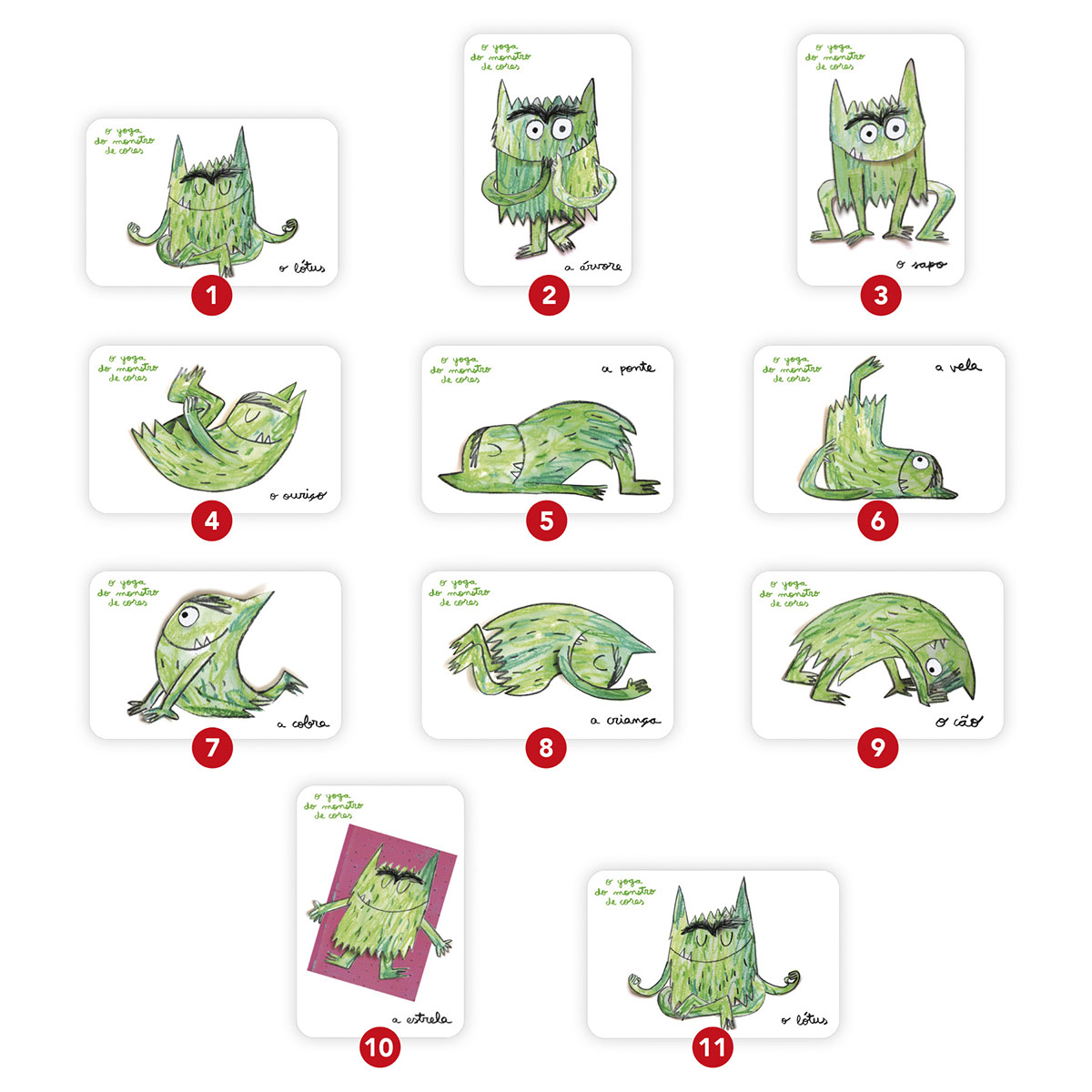 Ilustrações de gatos verdes em várias poses e textos em português