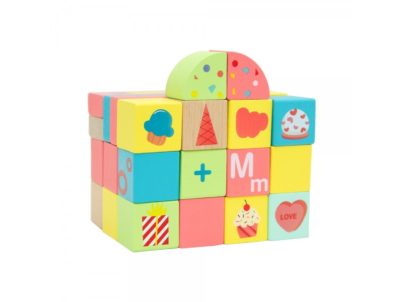 blocos coloridos de madeira com desenhos e letras